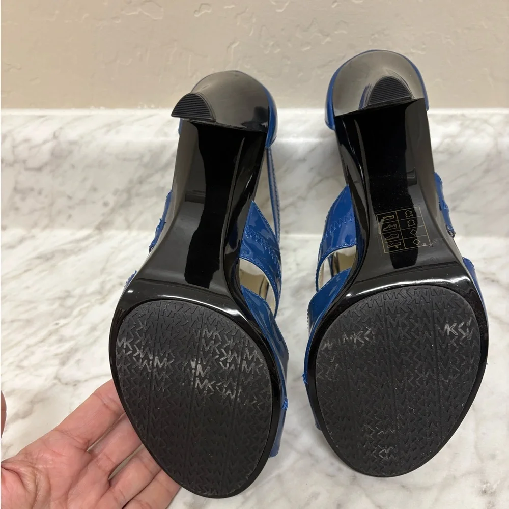 Michael Kors Blue Patent Leather Zip Front Platform Sandals